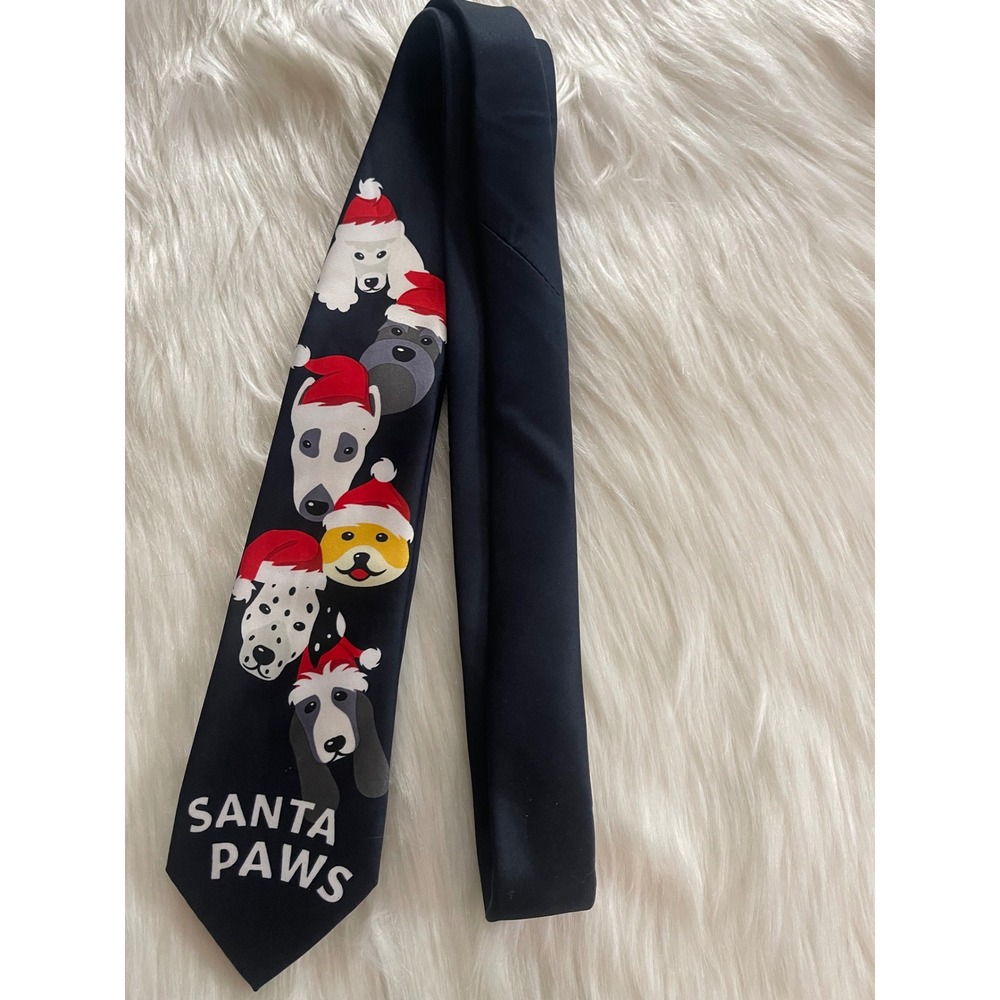 H&M  Black Men Santa Paws Satin Dogs Christmas Tie Used